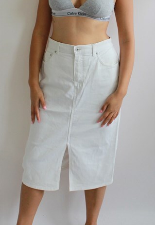 Y2K WHITE DENIM HIGH WAIST MIDI SKIRT