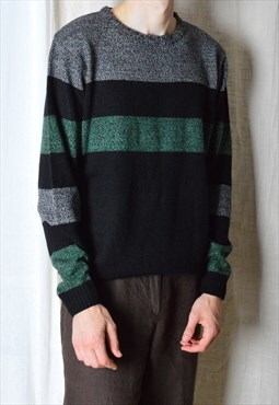 Vintage 90s Black Green Grey Striped Lightweight Sweater