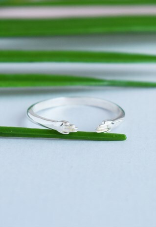 SILVER OPEN RING WITH HUG HANDS HANDMADE