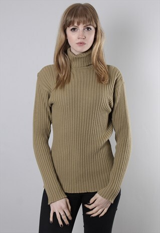 VINTAGE 80S RIBBED MERINO WOOL POLO TURTLE NECK JUMPER