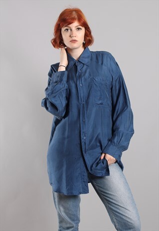 VINTAGE 80S SILK NAVY OVERSIZE SHIRT