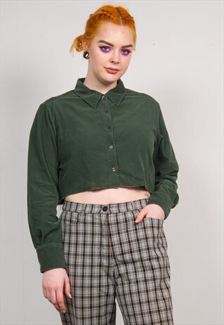 VINTAGE 90'S GREEN CORD CROPPED LONG SLEEVE SHIRT