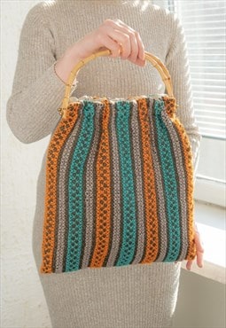 Vintage 70's Bohemian Multicolour Woven Hand Bamboo Bag
