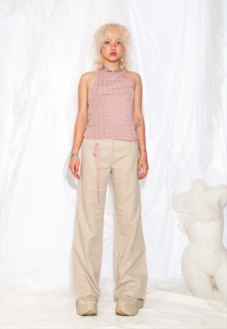 Vintage Y2K Flare Trousers Beige Linen Wide Leg Pants