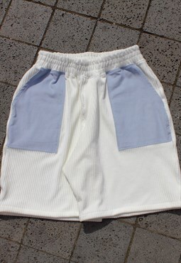 Handmade Knit Corduroy Shorts in Off-White and Light blue