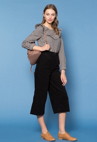 NAVY GINGHAM RUFFLED V-SHOULDER TOP