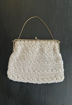 60's White Raffia Woven Fabric Bag Gold Metal Chain