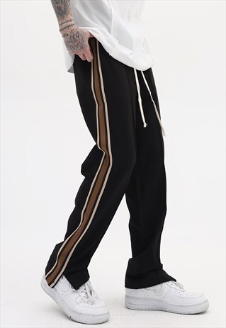 STRIPE TRACK PANTS FLARE FINISH ZIP JOGGERS IN BLACK BROWN