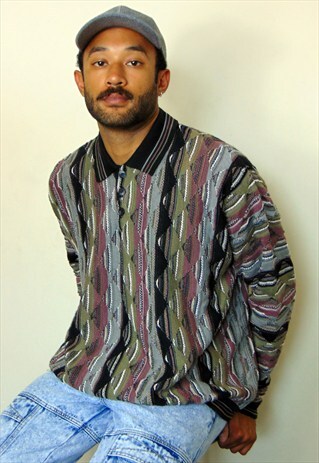 COOGI STYLE 90S LUXURY PATTERN CHUNKY KNIT JUMPER POLO XXL