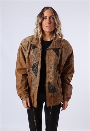 LEATHER SUEDE JACKET PRINT PATTERNED BOMBER UK 14 (BTG)