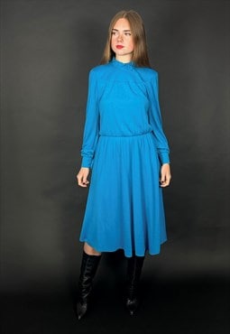 70's Vintage Ara Modell Blue Ruffle Long Sleeve Dress