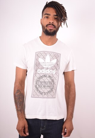 ADIDAS MENS VINTAGE T-SHIRT TOP MEDIUM WHITE 90S