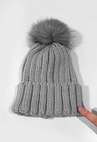 FAUX FUR BOBBLE KNITTED RIBBED BEANIE HAT - GREY SILVER
