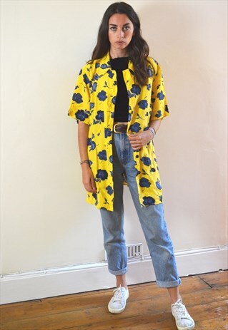 90S VINTAGE ABSTRACT YELLOW & BLUE PRINTED FESTIVAL SHIRT