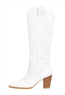 White Embroidered Pointed Toe Chunky Heels Boots