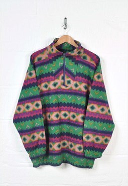 Vintage Fleece 1/4 Zip Retro Pattern Green XL