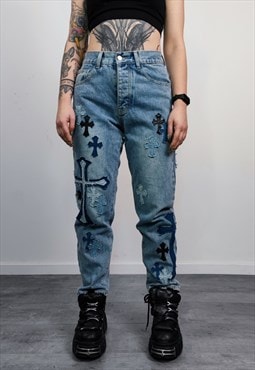 Cross patchwork jeans blue straight fit bleached denim pants