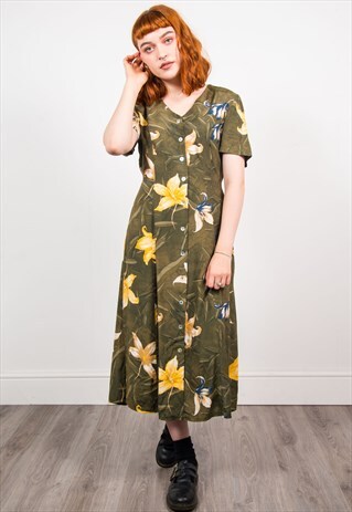 VINTAGE 90'S GREEN FLORAL PRINT AUTUMNAL MIDI DRESS