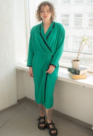 VINTAGE 70'S AUTHENTIC GREEN WRAP STYLE LOUISE FERAUD DRESS