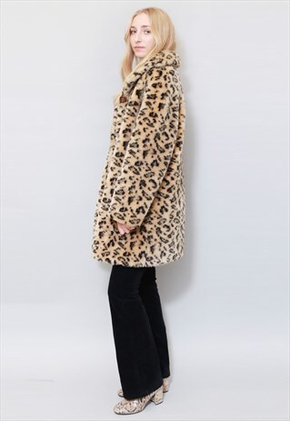 VINTAGE 1980'S BROWN & BLACK LEOPARD PRINT FAUX FUR COAT