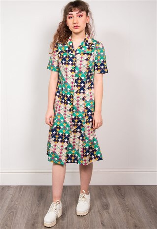 VINTAGE 70'S ABSTRACT PATTERN MIDI DRESS