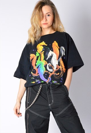 VINTAGE 90S BLACK COLOURFUL SEAHORSE T-SHIRT