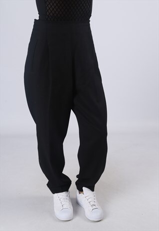 HIGH WAISTED TROUSERS PLAIN WIDE TAPERED LEG UK 14 (A3B)
