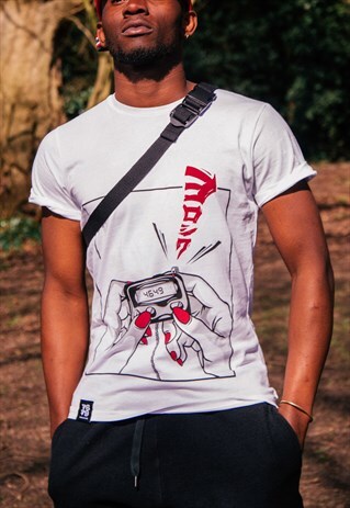 ORGANIC T-SHIRT WHITE RETRO PAGER BEEPER HAND JAPANESE MANGA
