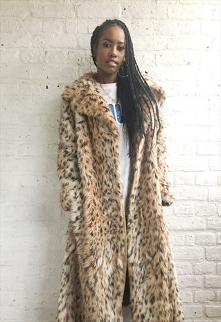 ROSE GOLD LEOPARD PRINT FAUX FUR COAT (1990'S/LONGLINE)