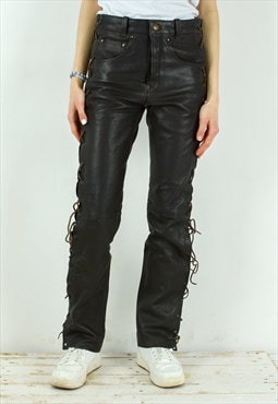 Tapered Black Leather Pants Tapered Lace Up Trousers Biker