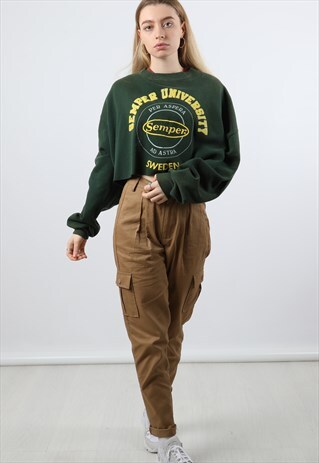 VINTAGE JERZEEZ XXL GREEN CROPPED PRINT SWEATSHIRT