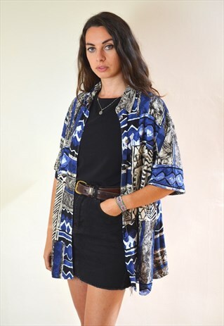 1990S VINTAGE BLUE AND BEIGE ABSTRACT PRINTED SHIRT