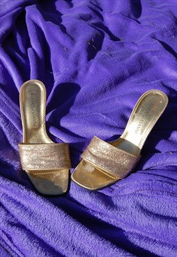 Vintage y2k rave small heel summer glam shoes sandals gold