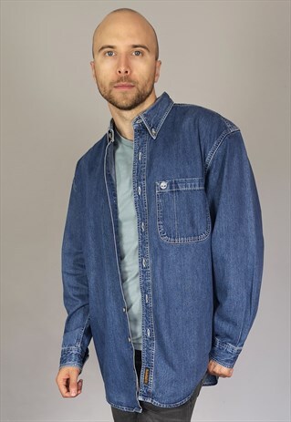 VINTAGE TIMBERLAND DENIM SHIRT IN MEDIUM BLUE