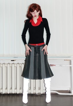 Vintage Y2K striped patch midi jean skirt in dark wash denim