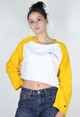 WHITE CHAMPION VINTAGE 90S CROP TOP SIZE XL YELLOW SLEEVES