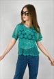 70'S VINTAGE LADIES TOP GREEN CROCHET FLORAL SHEER 