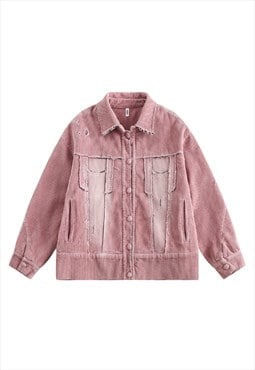 Vintage wash corduroy jacket ripped denim bomber pastel pink