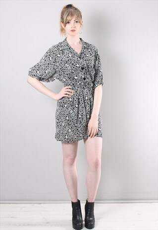 VINTAGE 80S BLACK WHITE PATTERNED BELTED DRESS