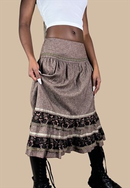Vintage Y2K Fairy Grunge Lace Trimmed Aline Midi Skirt