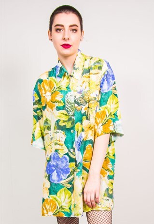 VINTAGE 90'S BRIGHT FLORAL OVERSIZED SHORT SLEEVE SHIRT