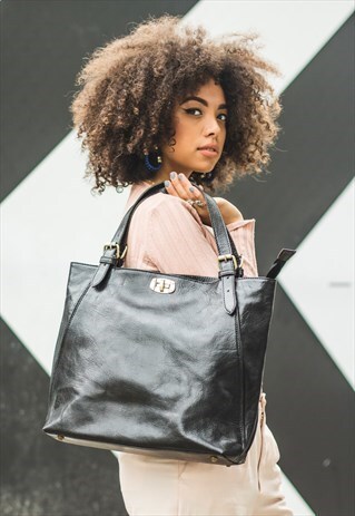 BLACK LEATHER CITY HANDBAG SHOULDER TOTE