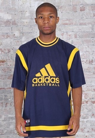 VINTAGE ADIDAS BASKETBALL LOGO T-SHIRT BLUE YELLOW