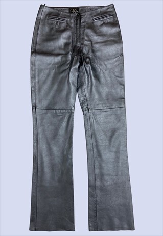 Vintage Pewter Grey Leather Metallic Straight Leg Trousers