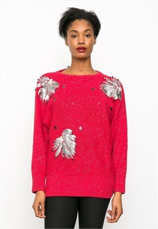 80'S OVERSIZED RED WOOL KNITTED FESTIVAL JUMPER