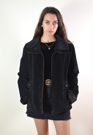 1990S VINTAGE SUEDE LEATHER BLACK FAUX FUR COLLAR JACKET
