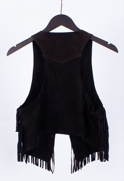 Vintage 90s Cropped Western Black Leather Tassel Vest