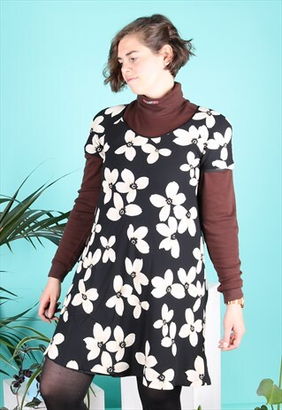 VINTAGE SUMMER MIN T-SHIRTI DRESS BLACK FLORAL PATTERN