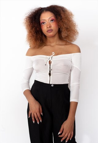 Y2K VERSACE WHITE LACE-UP TOP ID:A314