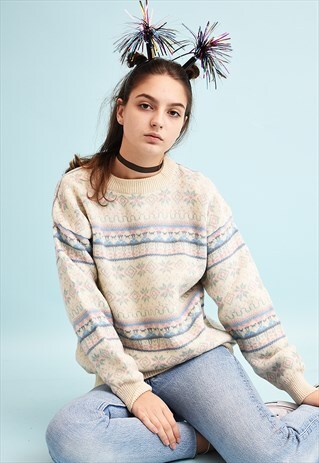 90'S RETRO FAIR ISLE NEUTRAL KNIT CHRISTMAS JUMPER